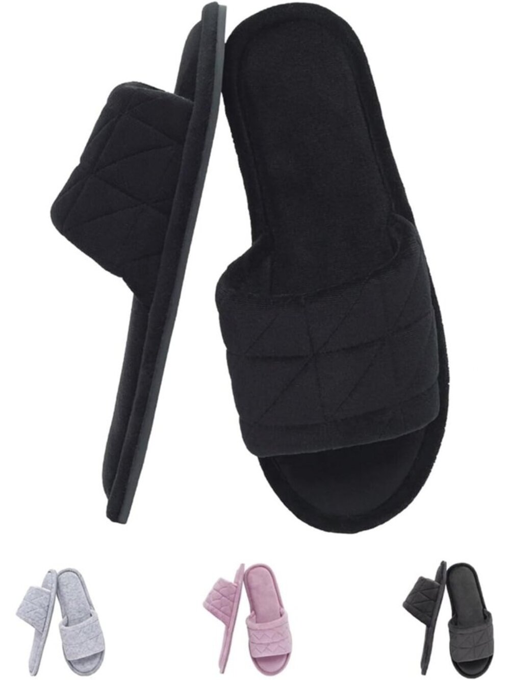 Women's Black Velvet Open Toe Memory Foam Non-Slip Outdoor Slip-On  Slipper